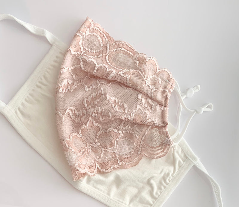 Blush Lace Mask Cover + BONUS white cotton mask