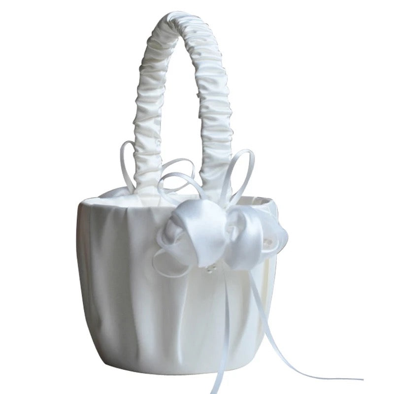 Ivory Satin Flower Girl Basket and Optional  Pillow Set