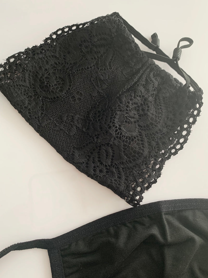 Black Lace Face Mask + BONUS black cotton mask
